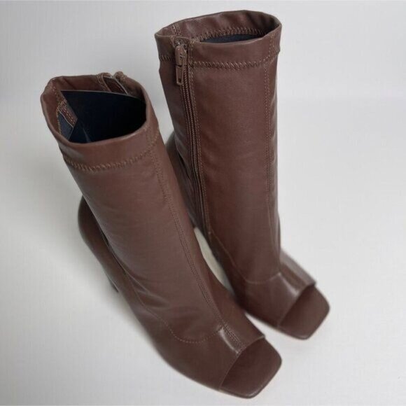 Liliana Womens Squared Open Toe Heel Booties Chunky Heel Inner Zipper Brown 8.5 - Picture 6 of 13